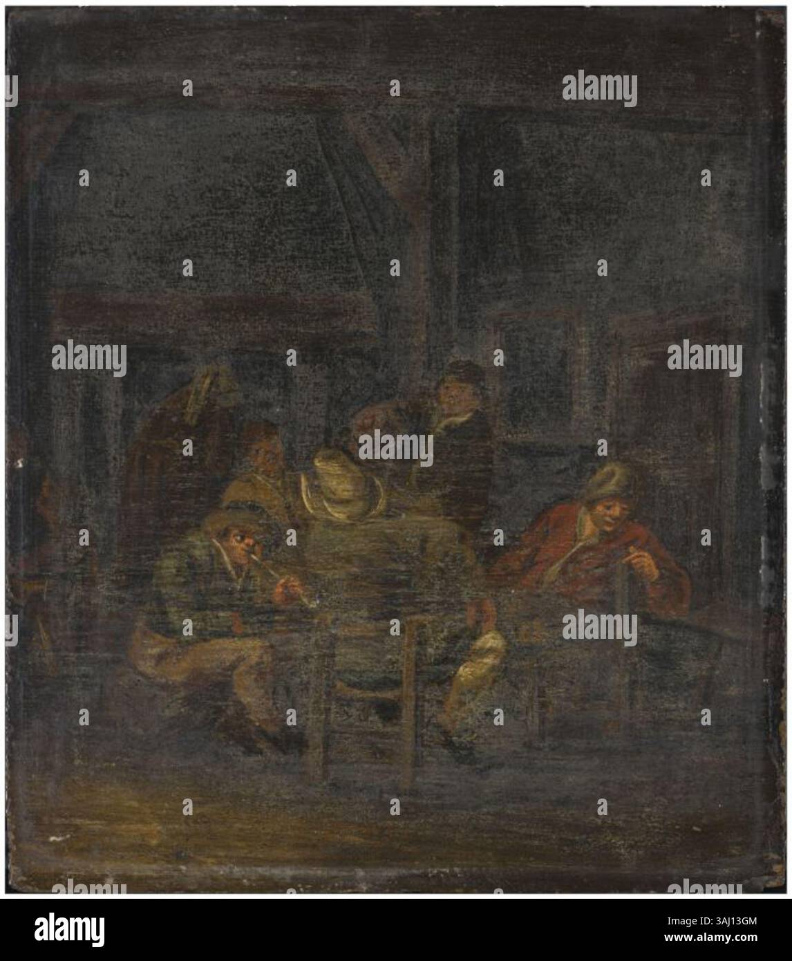 Peinture anonyme de l'intérieur d'une auberge, créée entre 1650 et 1699. Cette huile sur panneau est conservée au Fries Museum, représentant la vie quotidienne. Banque D'Images