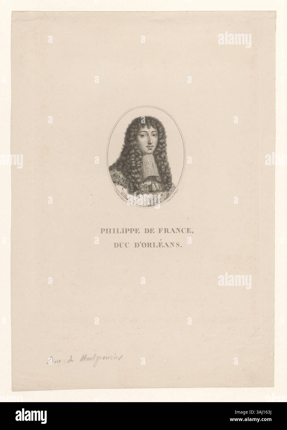 Cette estampe en taille-douce, de Jean Nocret, représente Philippe de France, duc d'Orléans, figure clé de la famille royale française. Le portrait fait partie de la collection Boyer. Banque D'Images