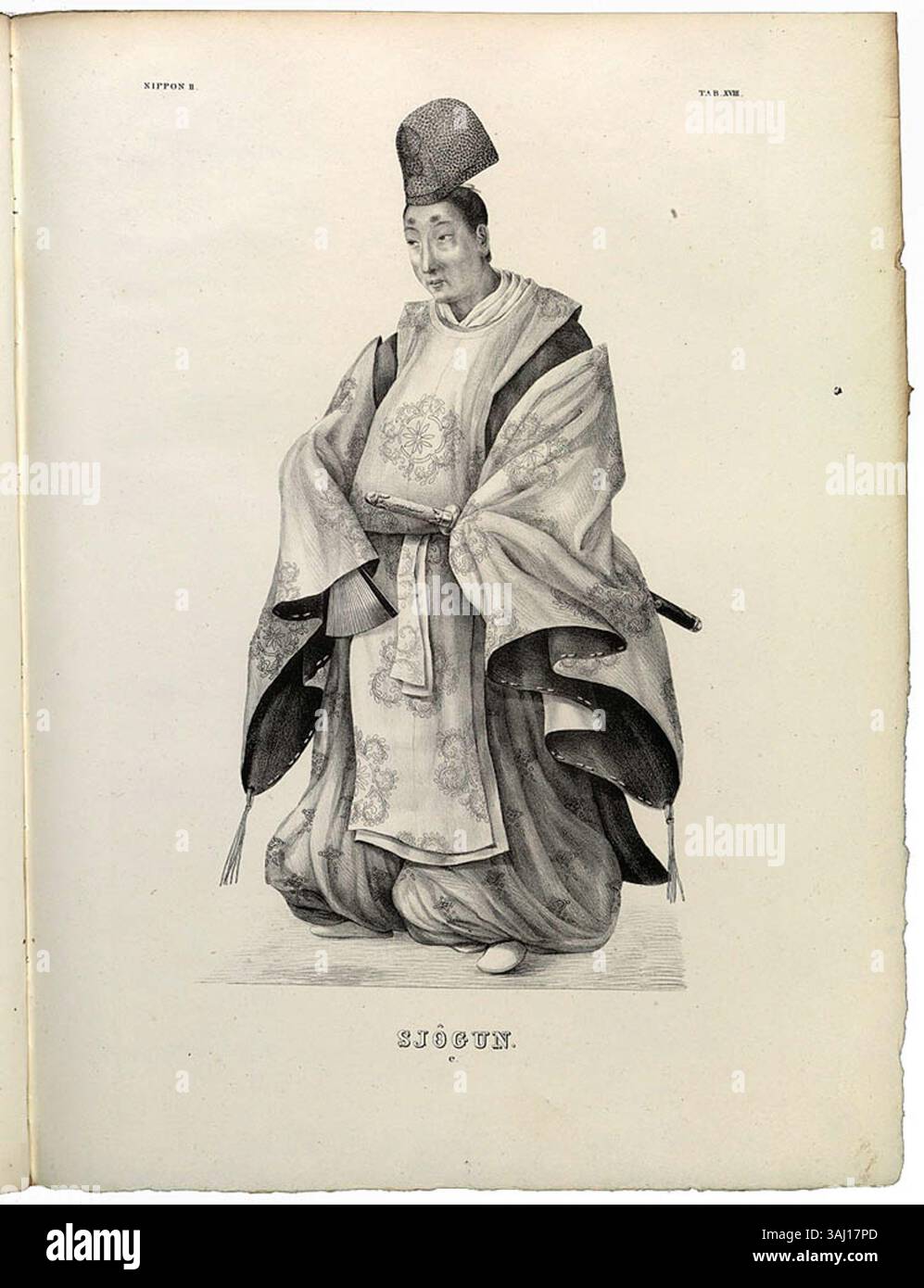 Cette impression représente le Shogun, le chef militaire suprême du Japon. Le Shogun était la plus haute autorité au Japon, contrôlant le pouvoir militaire et politique pendant l'époque d'Edo. Le titre est dérivé de 'Sei-i Taishogun', signifiant 'général qui soumet les barbares'. Banque D'Images