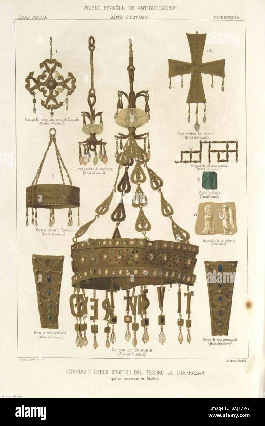 Chromolithographie de Francisco Aznar García de 1874, représentant des objets du trésor Guarrazar, dont la couronne de Suintila et les croix votives. Publié dans le journal 'Museo Español de Antigüedades'. Banque D'Images