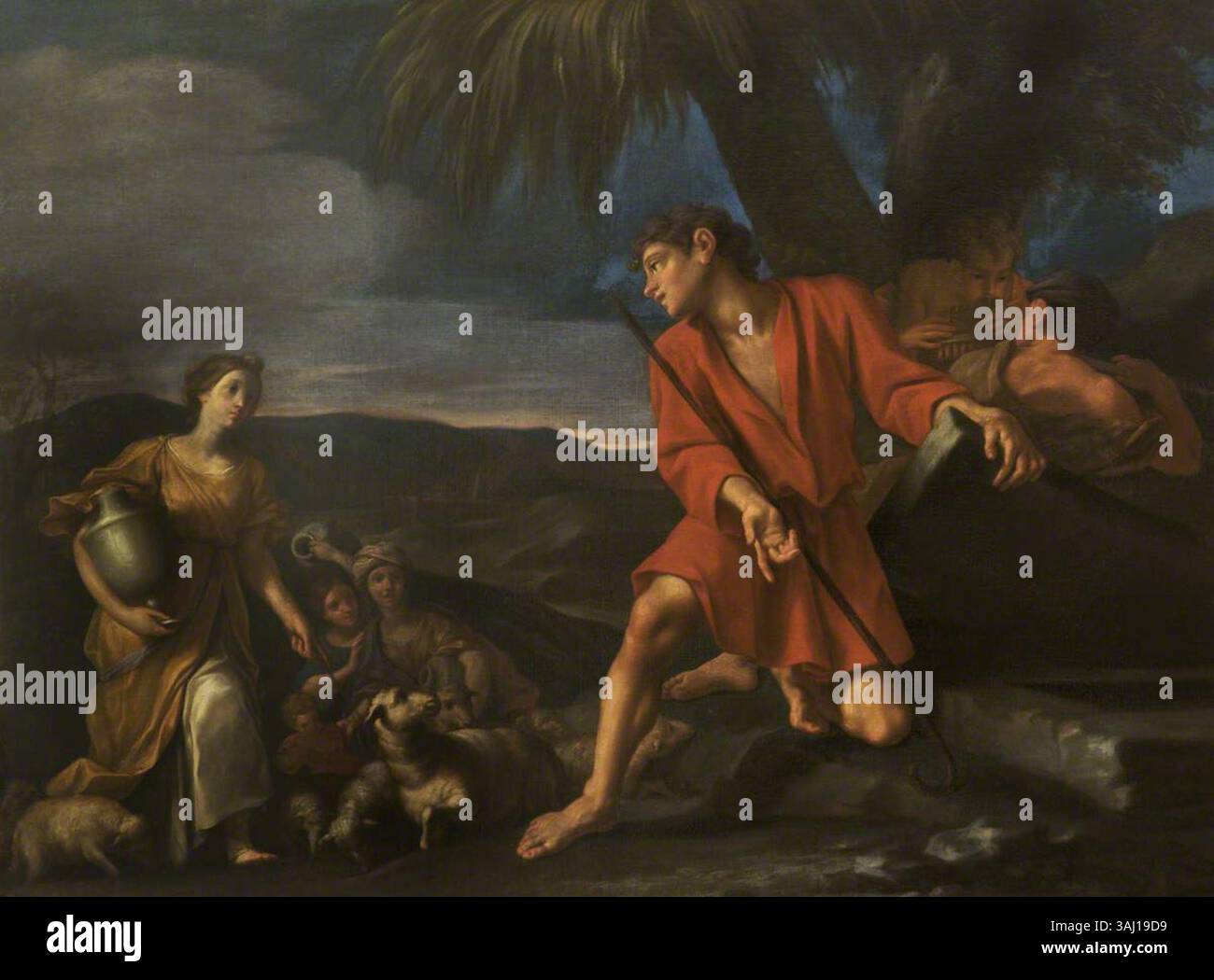 Cette peinture italienne, créée entre 1670 et 1729, représente la scène biblique de Jacob et Rachel au puits. L'huile sur toile fait partie de la collection du National Trust, mettant en valeur les thèmes religieux et narratifs en baroque compris Banque D'Images