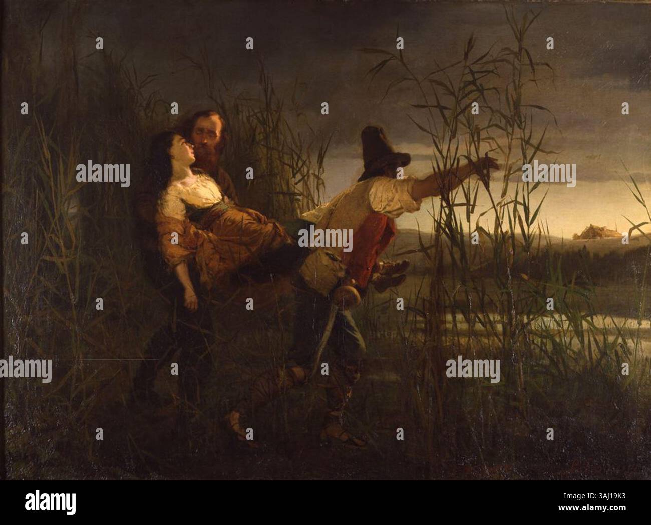 Cette peinture à l'huile de 1864 de Pietro Bouvier représente Giuseppe Garibaldi et Leggero portant une Anita mourante, un événement important de l'histoire de l'unification italienne. Banque D'Images