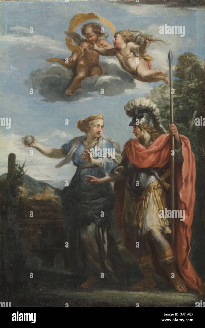 Ariadne och Thésée de Pietro da Cortona dépeint le conte mythologique d'Ariane et Thésée. La peinture à l'huile, conservée au Nationalmuseum, dépeint de manière vivante leur voyage mythologique et l'émotion dramatique de la scène. Banque D'Images