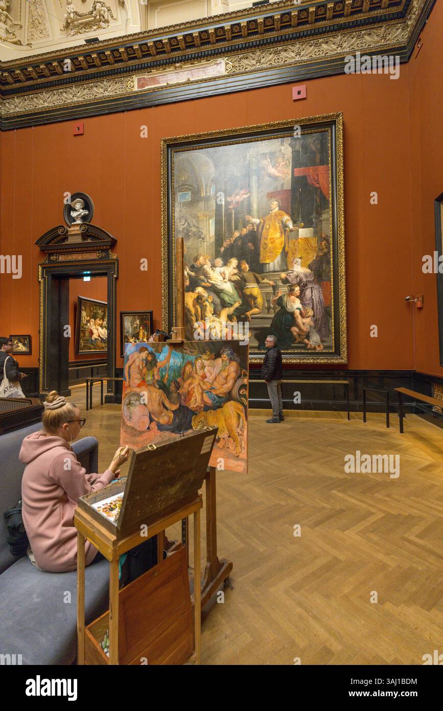 Peintre copiant des peintures anciennes, galerie de peinture européenne, Kunsthistorisches Museum Wien, Musée d'histoire de l'Art de Vienne, Autriche Banque D'Images