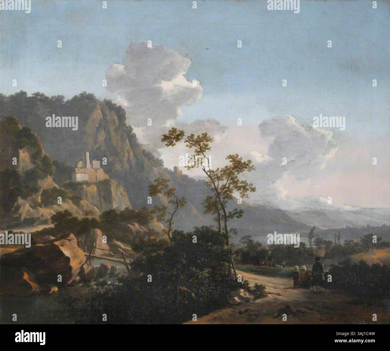 Cette peinture de paysage, attribuée à Adam Pynacker ou à ses disciples, représente une scène montagneuse du sud du XVIIe siècle. La pièce huile sur toile présente des paysages dramatiques typiques du baroque hollandais Banque D'Images