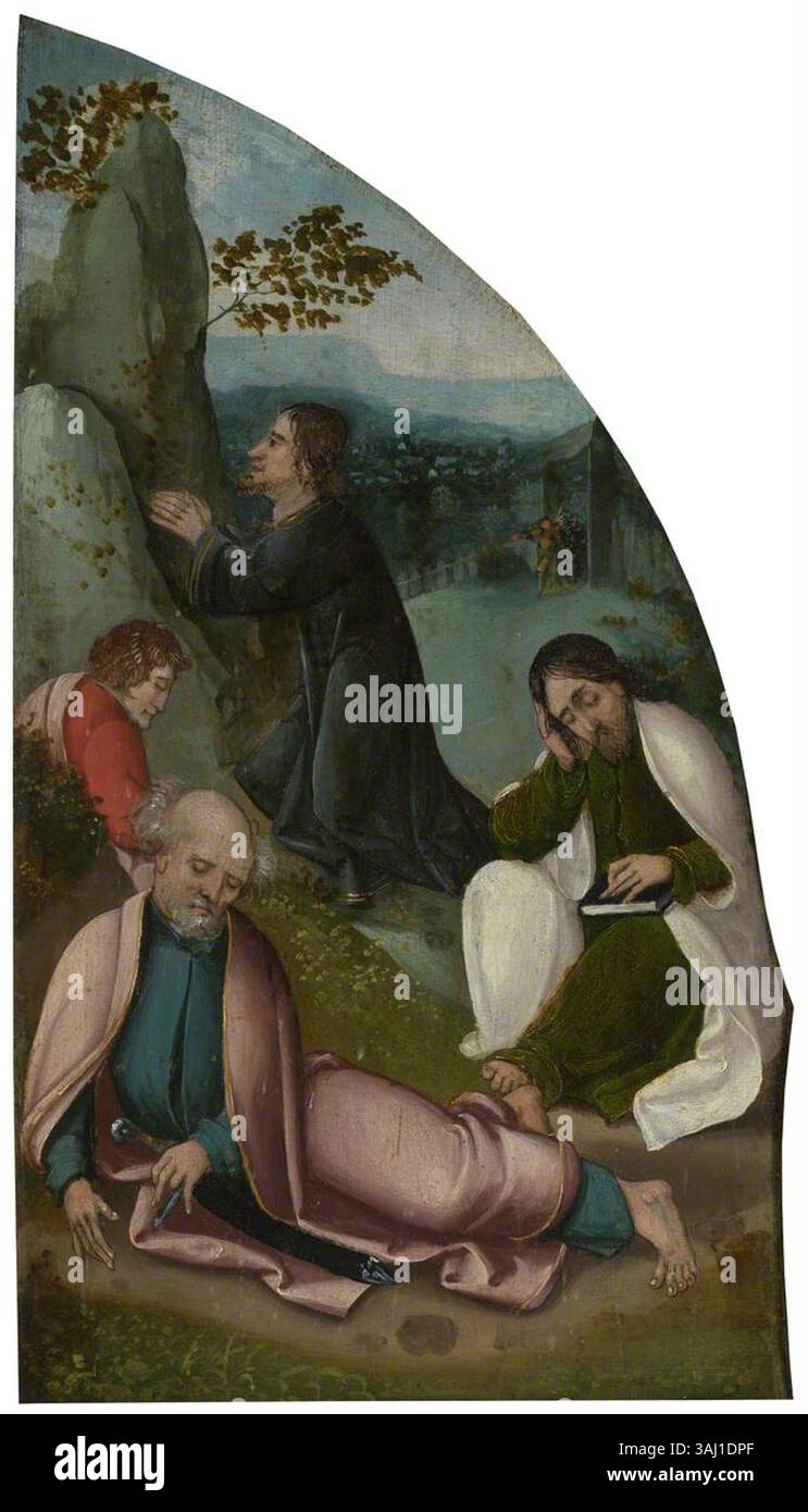 Cette huile sur panneau peinte en 1530 par Pieter Coecke van Aelst, qui fait partie du retable d'Oxburgh, représente l'agonie dans le jardin. La scène religieuse met en lumière le moment de la souffrance du Christ, thème clé de l'iconographie chrétienne. Banque D'Images