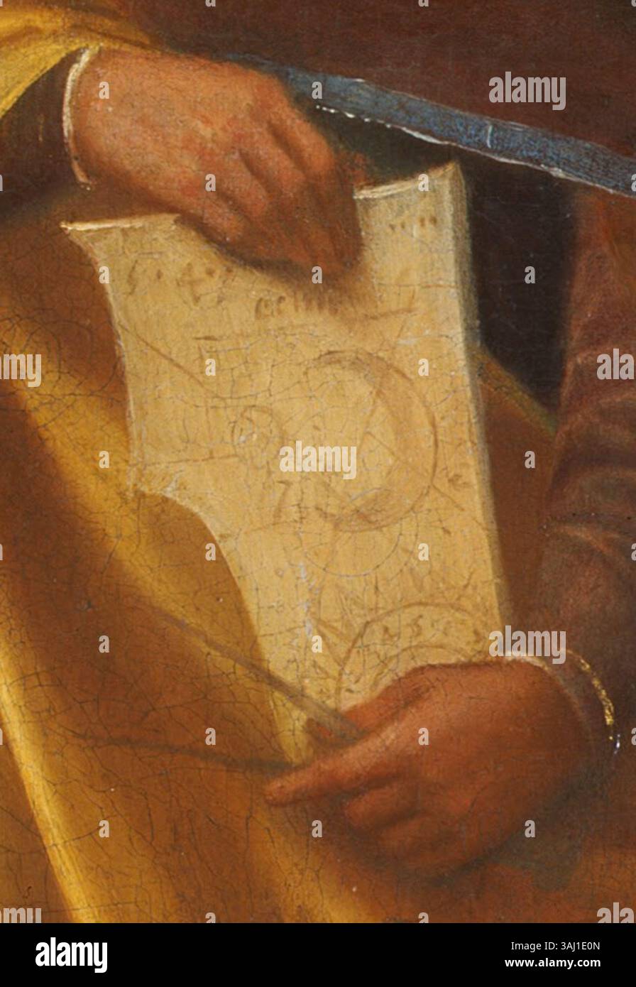 Un extrait des « trois philosophes » de Giorgione, vers 1508-1509, montrant la feuille tenue par le vieux philosophe. Cette illustration fait partie du Google Art Project. Banque D'Images