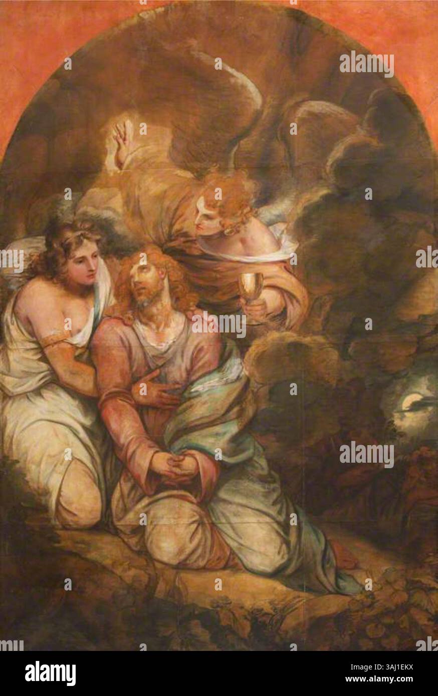 Attribué à Thomas Phillips, ce tableau représente le Christ dans le jardin de Gethsémani, montrant le moment de l’agonie du Christ avant sa crucifixion. L’œuvre, réalisée entre 1790 et 1845, est une huile et un papier sur toile. Banque D'Images