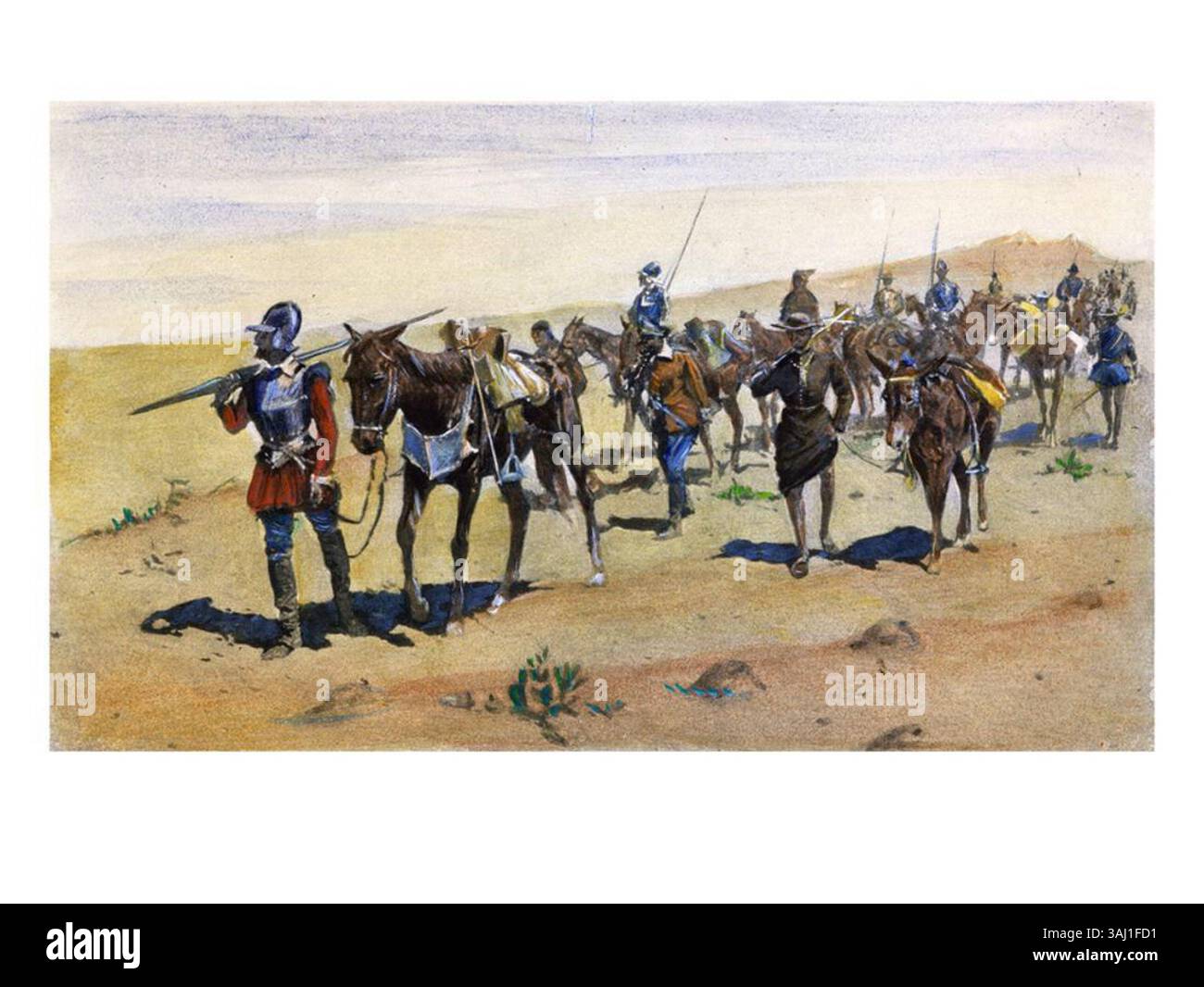 La peinture de Frederic Remington, « la marche de Coronado », capture une scène de l'expédition espagnole de 1540-1542 menée par Francisco Vázquez de Coronado à travers le Nouveau-Mexique et les grandes Plaines. Banque D'Images