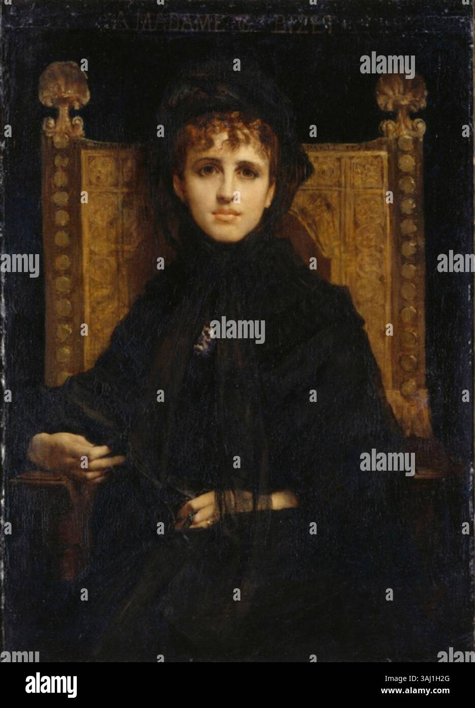 Madame Georges Bizet de Jules-Élie Delaunay (1878) est un portrait de l'épouse du célèbre compositeur français Georges Bizet. Le tableau représente Madame Bizet dans une robe noire, assise dans une chaise en bois. Le portrait capture son regard direct et son expression serrée, mettant en valeur le style de portrait élégant et digne de Delaunay. Banque D'Images