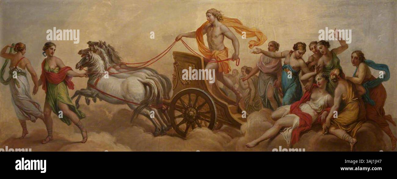 The four Seasons : Autumn - Triomphe of Silenus, Bacchus and Ariane, attribué à William Hamilton, représente la saison d'automne à travers une représentation de Silenus, Bacchus et Ariane. La peinture à l'huile sur toile, du XVIIIe siècle, célèbre les thèmes du vin et de la récolte, incarnés par Bacchus. Le travail est conservé au National Trust. Banque D'Images