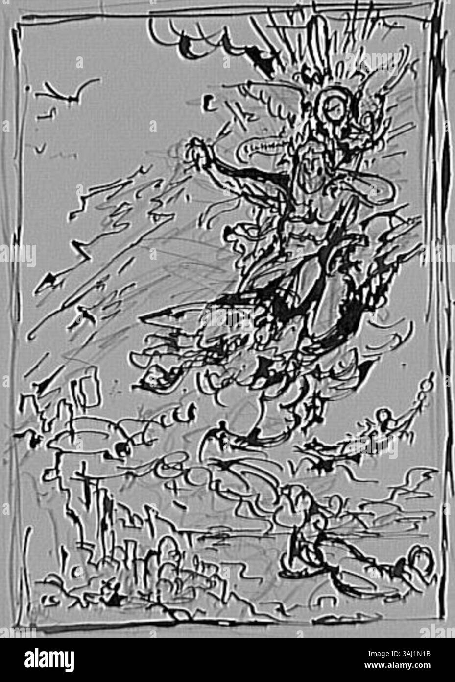 Cette étude préparatoire de Gustave Moreau met en scène Jupiter et les tonnerres, une scène inspirée de la mythologie grecque. L’œuvre reflète l’attention de Moreau pour les compositions dramatiques et les thèmes mythologiques, mettant en valeur sa maîtrise de la figure et du mouvement. Banque D'Images