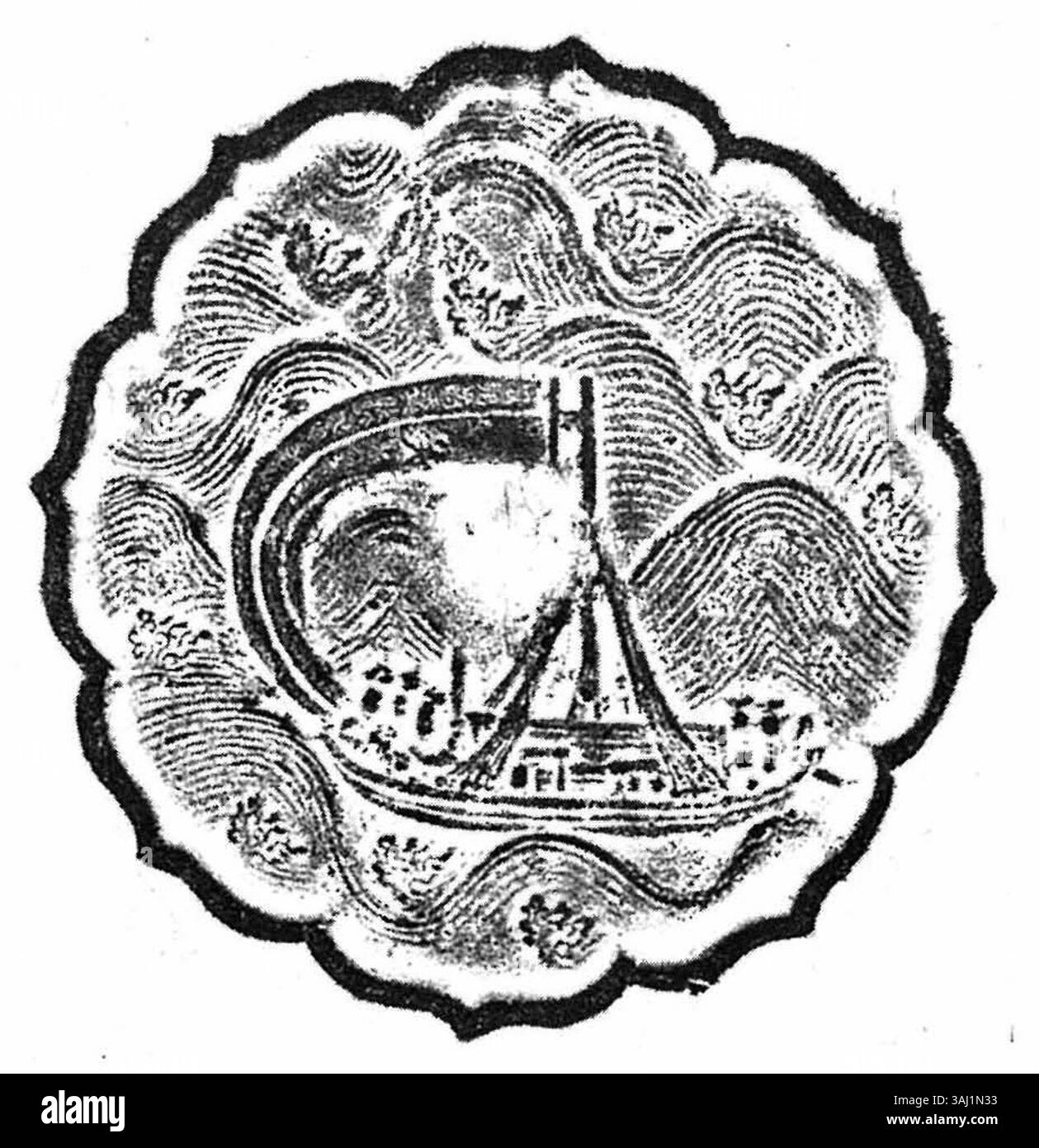 Ce miroir en bronze du IXe au XIIe siècle représente un navire battant des mers orageuses. L'œuvre d'art, trouvée au dos d'un miroir de la dynastie Tang, Wu Tai ou Song, représente les luttes maritimes dans la Chine ancienne et illustre les débuts de la métallurgie chinoise. Banque D'Images