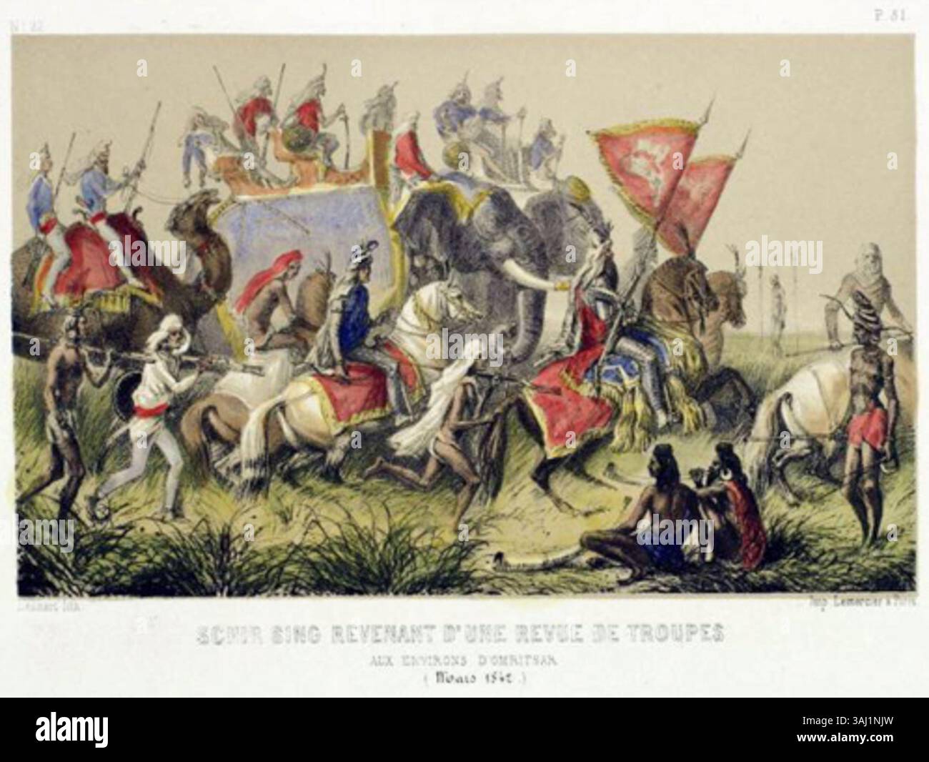 Schir Sing, un chef éminent, revient d'une revue de troupes près d'Omritsar, mars 1842. La lithographie, qui fait partie d'une publication de 1851 de L. Curmer & V. Lecou, capture un moment important de l'activité militaire dans la région du Pendjab au XIXe siècle. Banque D'Images