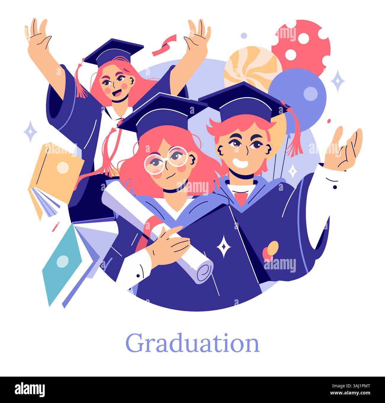 Illustration de célébration de graduation mettant en vedette trois diplômés joyeux présentant leurs casquettes et diplômes. La scène capture l'excitation et la réussite associées à cet événement marquant. Illustration vectorielle. Illustration de Vecteur