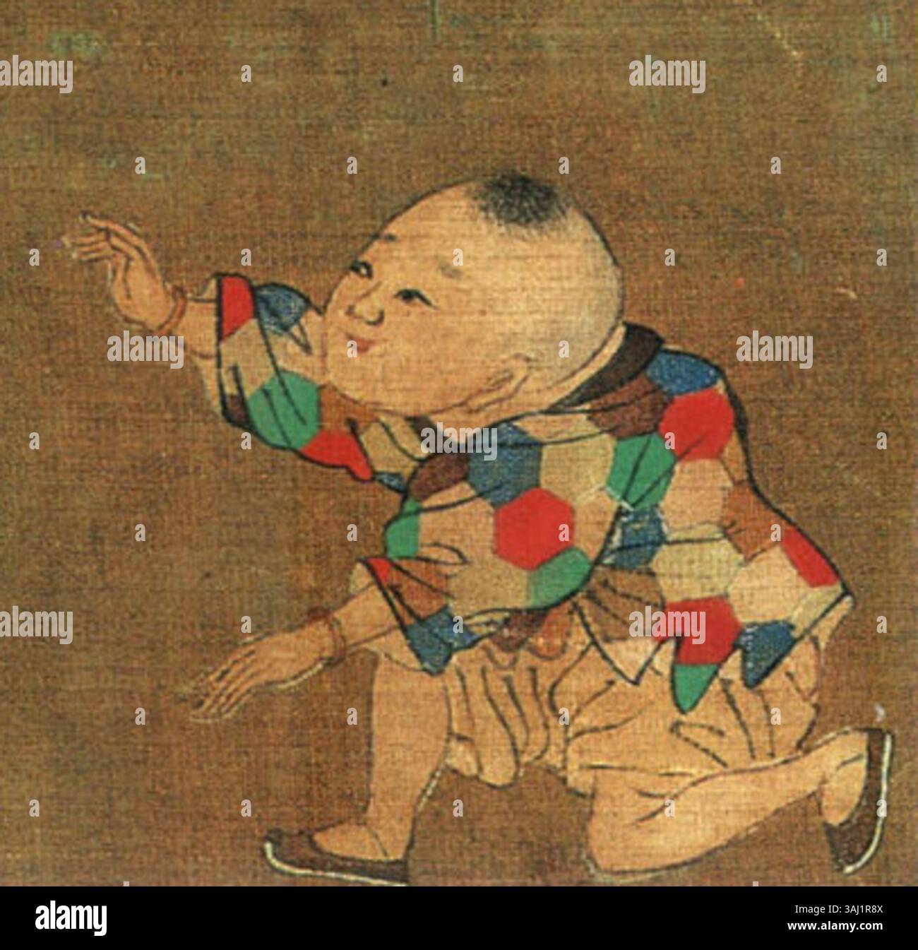 Ce détail de 'cent enfants au long printemps', peint par Su Hanchen au XIIe siècle, représente un enfant portant une robe traditionnelle de baijiayi. La pièce fait partie de l'art de la dynastie Song, mettant en valeur la signification culturelle des vêtements d'enfance. Banque D'Images