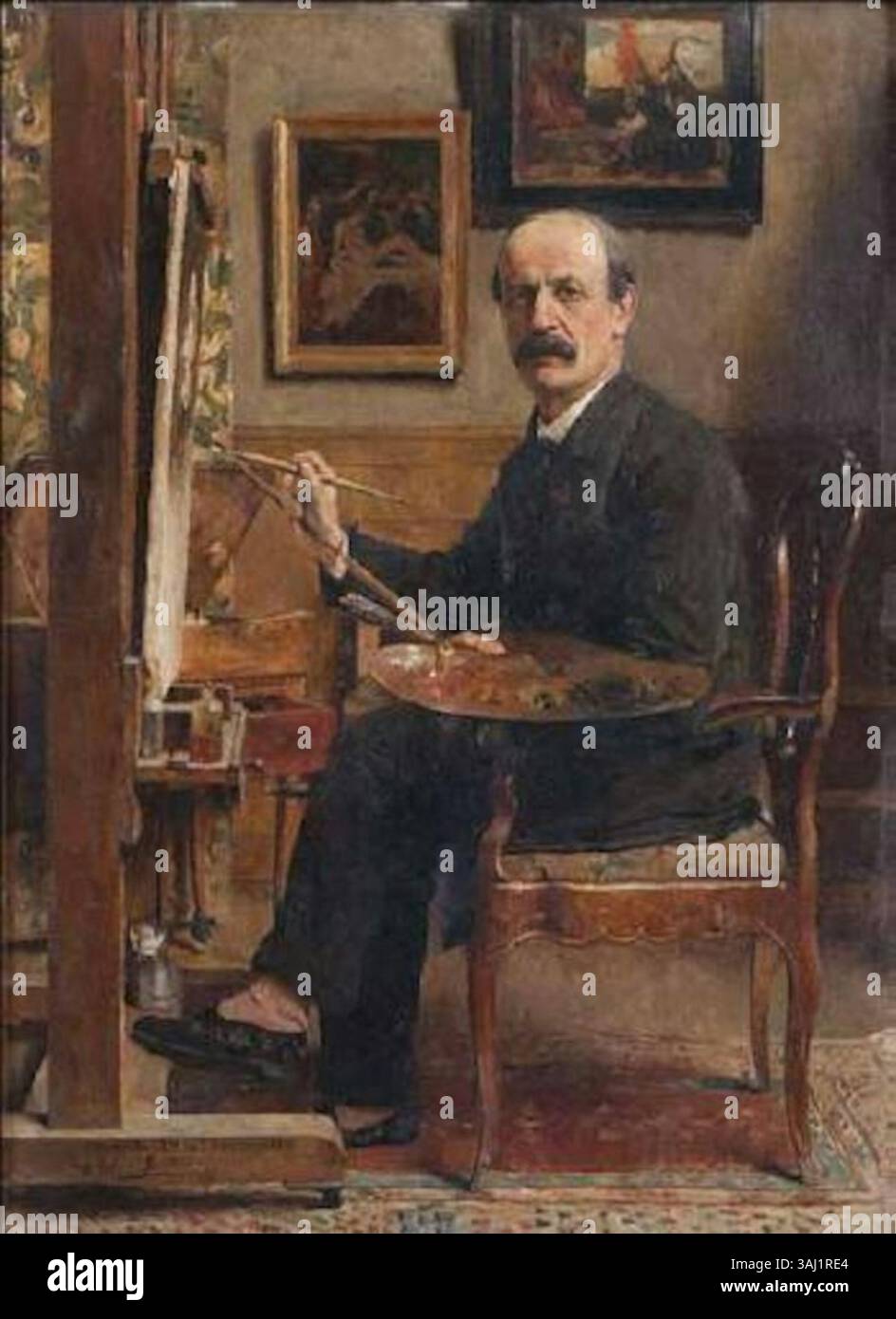 Ce portrait de 1886 de Charles Mertens met en scène Pieter Van Havermaet, capturant sa ressemblance avec des détails fins et des tons riches. Peint sur acajou, il démontre l'habileté de Mertens à créer des représentations réalistes dans l'huile. Banque D'Images