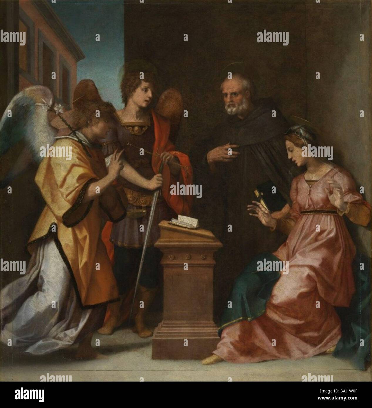 Le tableau représente l'Annonciation, mettant en vedette l'Archange Michel et Saint Godenzo. Cette œuvre du XVIe siècle d'Andrea del Sarto illustre le style raffiné de l'artiste et l'accent mis sur les sujets religieux. La composition est marquée par des couleurs vives et des figures dynamiques, communes aux religieux de la Renaissance Banque D'Images