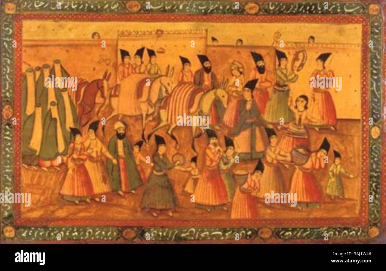 Cette paire de panneaux de papier-mâché laqué polychrome du XIXe siècle de Qajar Iran représente une procession de mariage et un Pharaon intronisé. Le design complexe et les couleurs vives reflètent les riches traditions culturelles de la dynastie Qajar. Banque D'Images