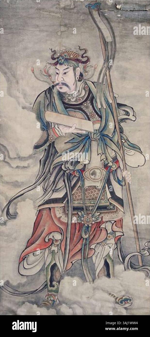 Cette peinture de la dynastie Qing, dont la paternité est inconnue, dépeint le Temple des nuages blancs à Pékin, en Chine. L'œuvre illustre l'art traditionnel chinois, en se concentrant sur l'architecture et les thèmes spirituels centraux de l'identité culturelle de la dynastie Qing. Banque D'Images