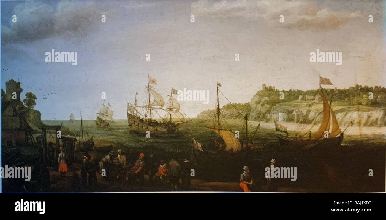 La peinture d’Adam Willaerts de 1617 représente des pêcheurs débarquant d’un navire sur une rive avec leurs prises. L'huile d'art marin sur panneau reflète le lien entre l'homme et la nature dans la vie côtière néerlandaise du XVIIe siècle. Banque D'Images