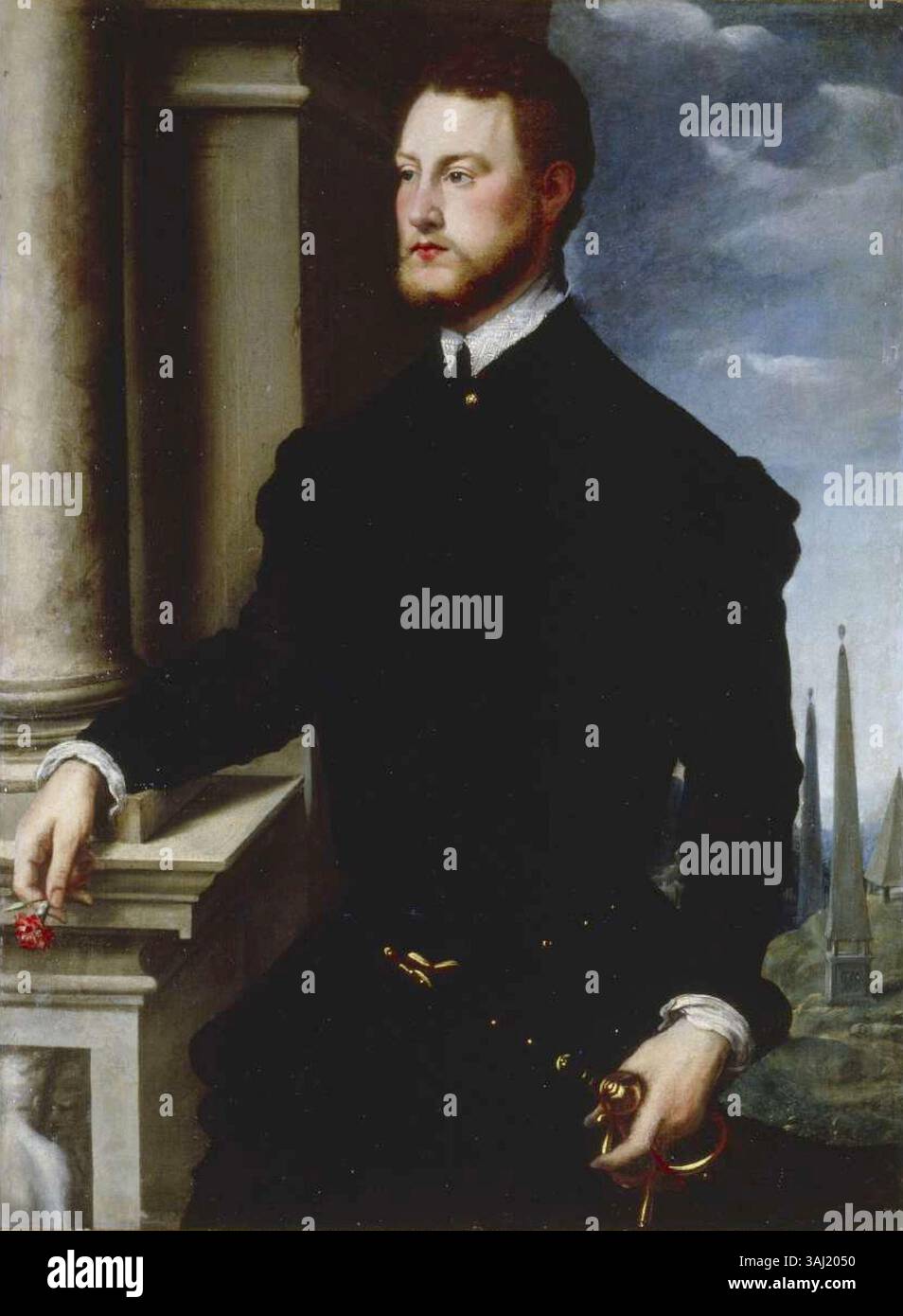 Le portrait de Sigismond Auguste par Jan van Calcar, peint vers 1546-1548, montre le roi polonais dans une pose formelle et digne. La peinture est caractéristique du portrait de la Renaissance, avec une attention méticuleuse aux détails et une représentation réaliste. Banque D'Images
