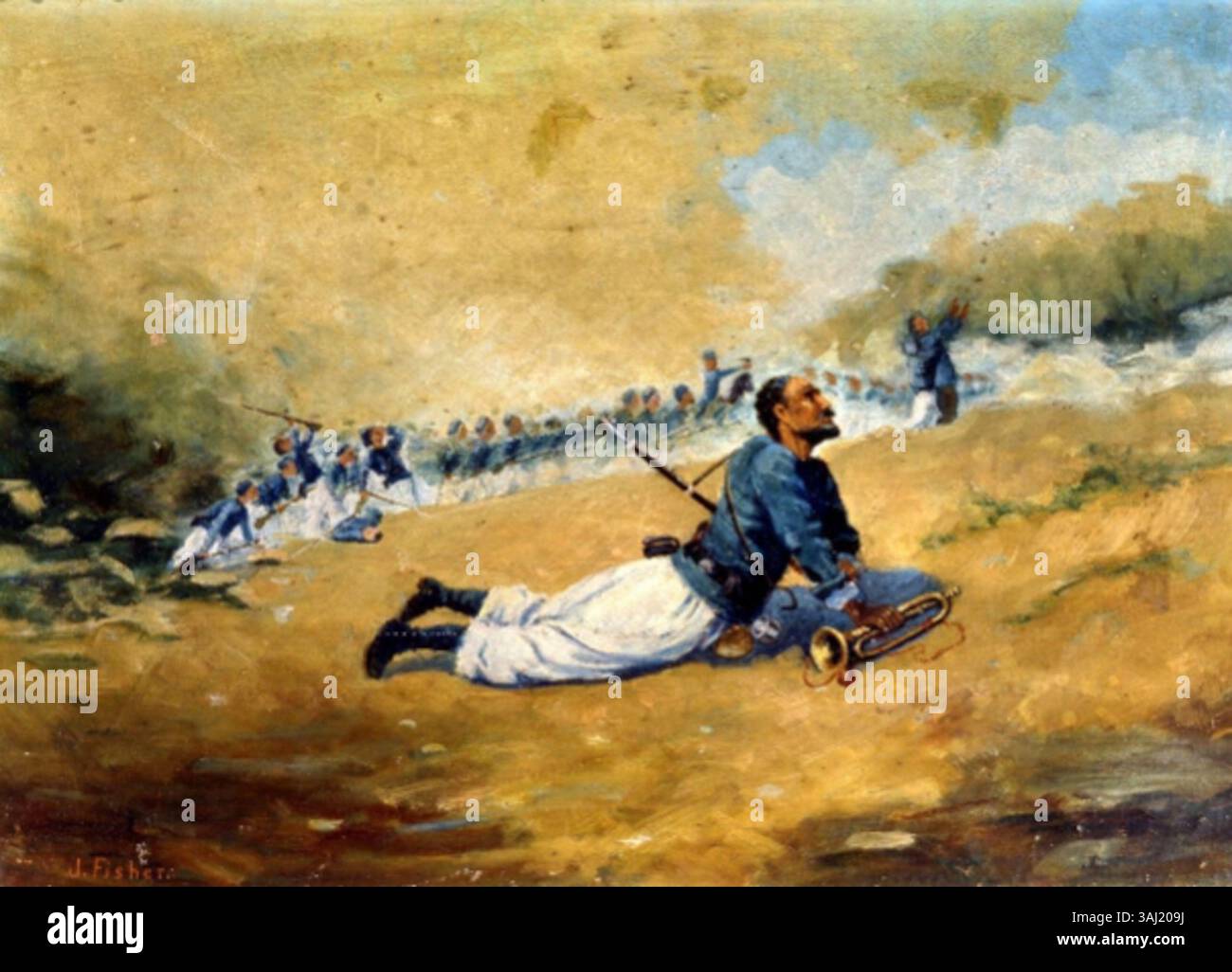 Une peinture de Charles J. Fisher représentant les Zouaves de Louisiane sur le champ de bataille pendant la guerre de Sécession, vers 1870. L'œuvre d'art représente un soldat allongé sur le sol, tenant un bugle, mettant en valeur la nature dramatique et sombre de la bataille. Banque D'Images