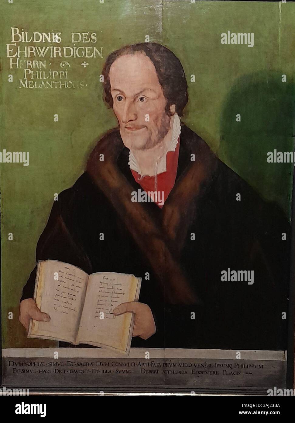 Portrait de Philipp Melanchthon, réalisé par l'atelier de Lucas Cranach le jeune vers 1550-1600. Cette huile sur panneau fait partie de la collection du Musée d'État de Poméranie, représentant l'une des figures clés de la réforme protestante. Banque D'Images