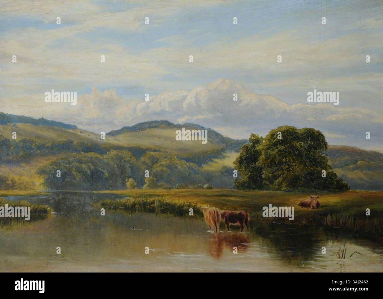 Cette peinture de l'école britannique, « paysage avec du bétail et un lac », est une peinture à l'huile représentant une scène pastorale mettant en scène du bétail qui paissait près d'un lac. Le paysage capture la tranquillité de la vie rurale au 19ème siècle. Banque D'Images