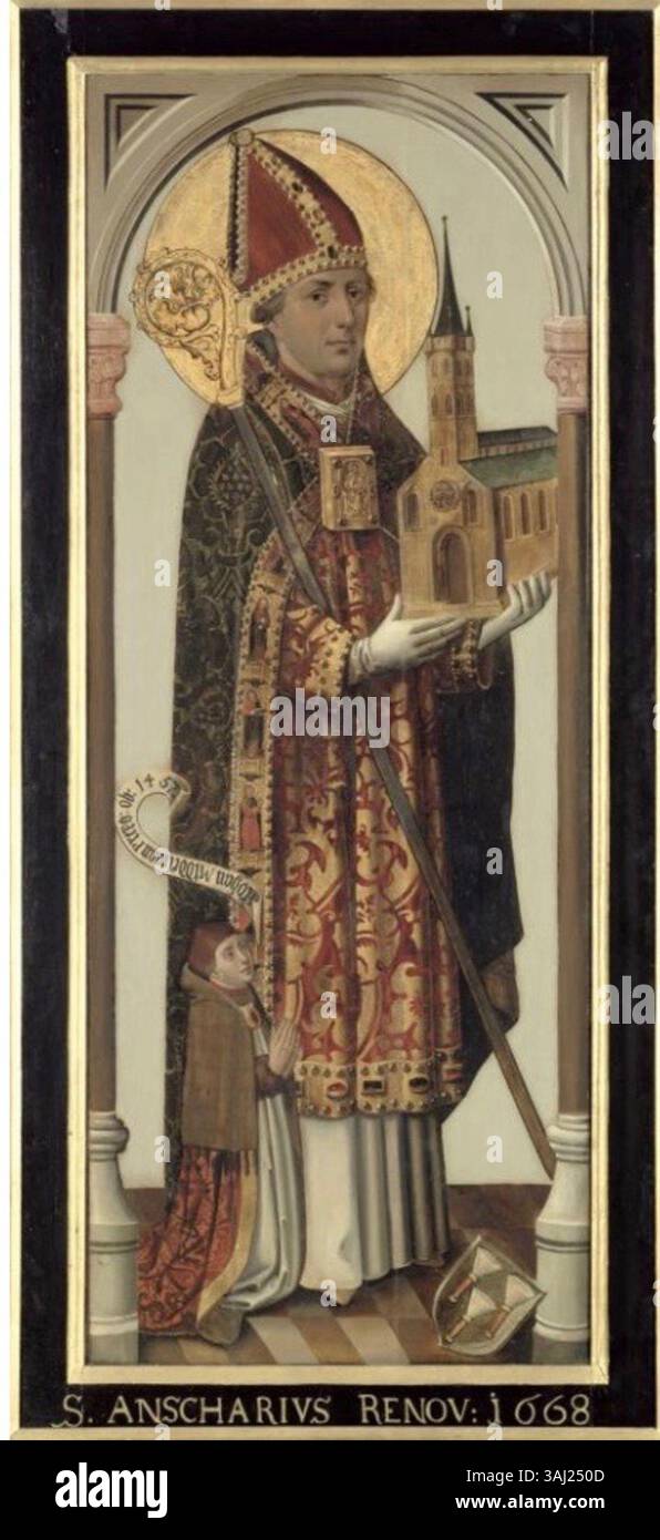 Tableau de Hans Bornemann de 1457, représentant Ansgar, connu pour son travail missionnaire au IXe siècle. La pièce est en église Peters, mettant en valeur le saint devant un fond bleu, symbolisant le ciel. L'œuvre d'art note la date de la fondation et des rénovations ultérieures. Banque D'Images