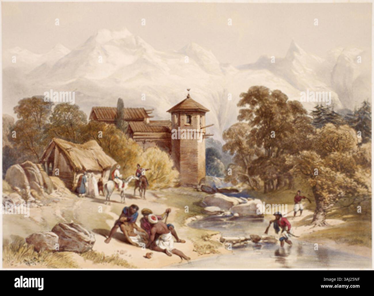 Le fort de Shupayan, montré dans cette lithographie tirée de « Recollections of India », représente le site militaire stratégique où Ranjit Singh a pris le contrôle du Cachemire aux Afghans en 1819. Banque D'Images