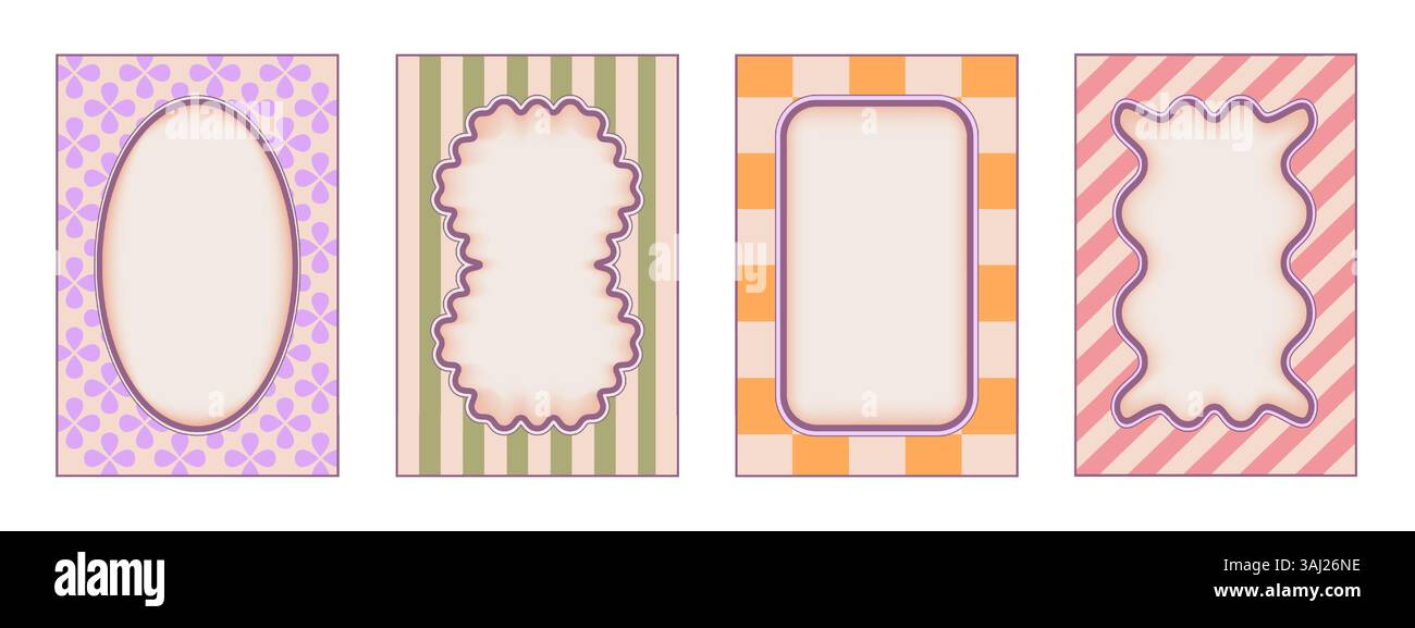 Cadres rétro fixés dans des couleurs pastel isolé sur fond blanc. Illustration vectorielle de bandes dessinées de bordures rectangulaires avec motif floral rayé, à carreaux pour les affiches rectangulaires, ovales et de forme abstraite Illustration de Vecteur
