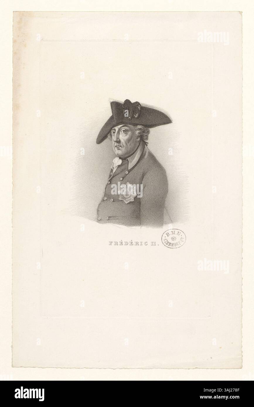Cette estampe en taille-douce de la collection Boyer représente Frédéric II de Prusse, une figure importante de l'histoire européenne au XVIIIe siècle. Banque D'Images