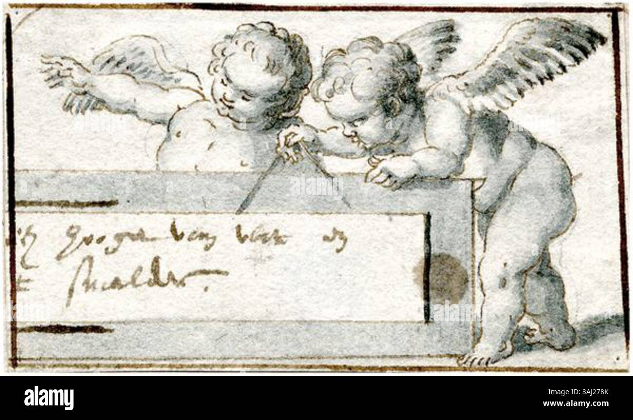 Cornelis Danckerts' 1620-1656 gravure 'deux putti avec une boussole' est un exemple de l'art baroque néerlandais, logé dans le Prentenkabinet, Université de Leyde. Banque D'Images