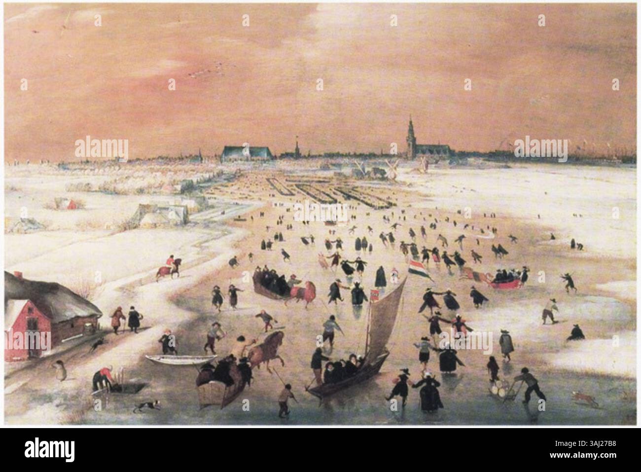 Cette peinture de 1602, 'Winterlandschap met gezicht op Amsterdam vanuit het zuiden', attribuée à un disciple de Jacob Savery, représente un paysage hivernal avec une vue d'Amsterdam depuis le sud. C'est une peinture à l'huile sur panneau. Banque D'Images