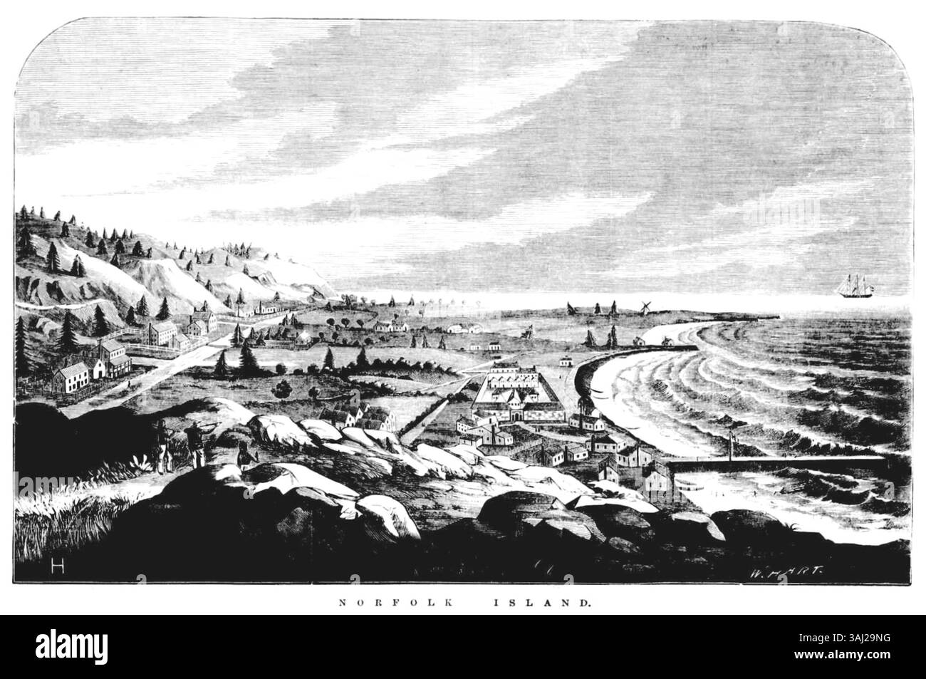 Une gravure sur bois de W. Hart, représentant la colonie de prisonniers sur l'île Norfolk. Publiée dans l'Australian News for Home Readers le 27 octobre 1866, cette image capture l'environnement de la colonie pénitentiaire pendant cette période. Banque D'Images