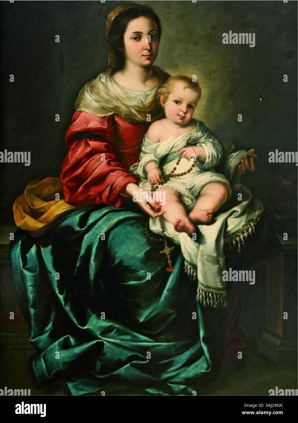 Cette peinture de Bartolomé Esteban Murillo, intitulée 'la Virgen del Rosario', représente la Vierge Marie avec un chapelet, peint entre 1650-1655. L’œuvre reflète la maîtrise de Murillo dans les thèmes religieux et son rôle dans l’art baroque espagnol, aujourd’hui conservé dans une collection privée au Texas. Banque D'Images
