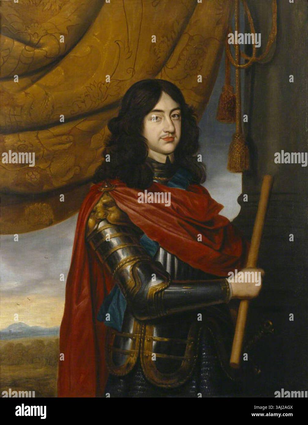 Portrait du roi Charles II (1630-1685) jeune homme en exil, peint vers 1650 par l'atelier de Gerrit van Honthorst. L'huile sur toile représente la jeunesse du monarque pendant son exil. Banque D'Images