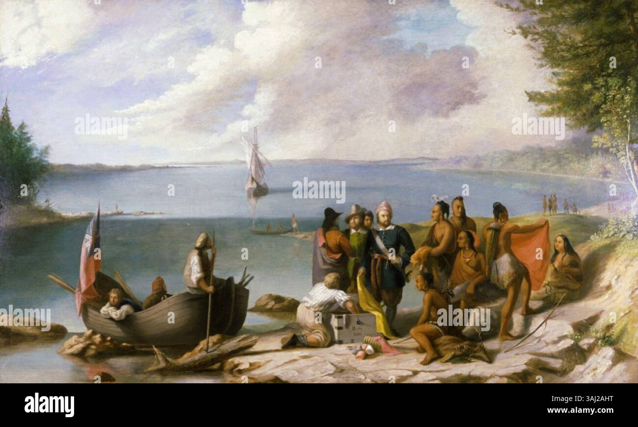 « Gosnold at the Smoking Rocks », peint par William Allen Wall en 1842, représente l'exploration des Smoking Rocks, un site historique de la région de New Bedford. Banque D'Images