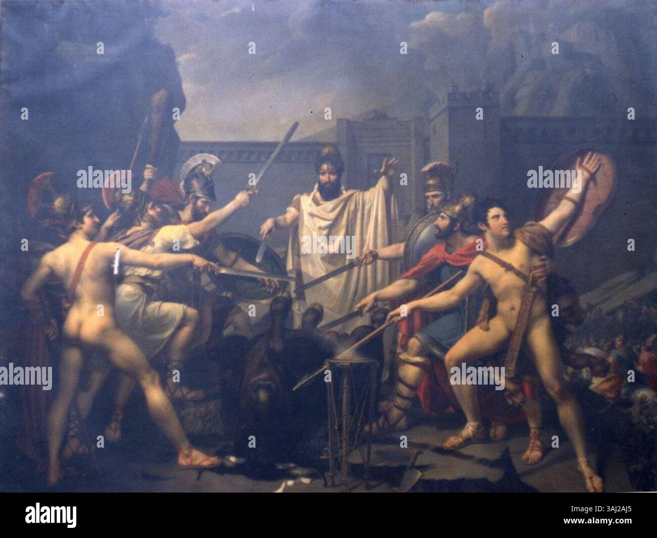 Ce tableau de 1826 d’Angélique Mongez représente la scène mythologique de sept chefs affrontant Thèbes après la mort d’Œdipe, illustrant les thèmes du destin et de la famille. Banque D'Images