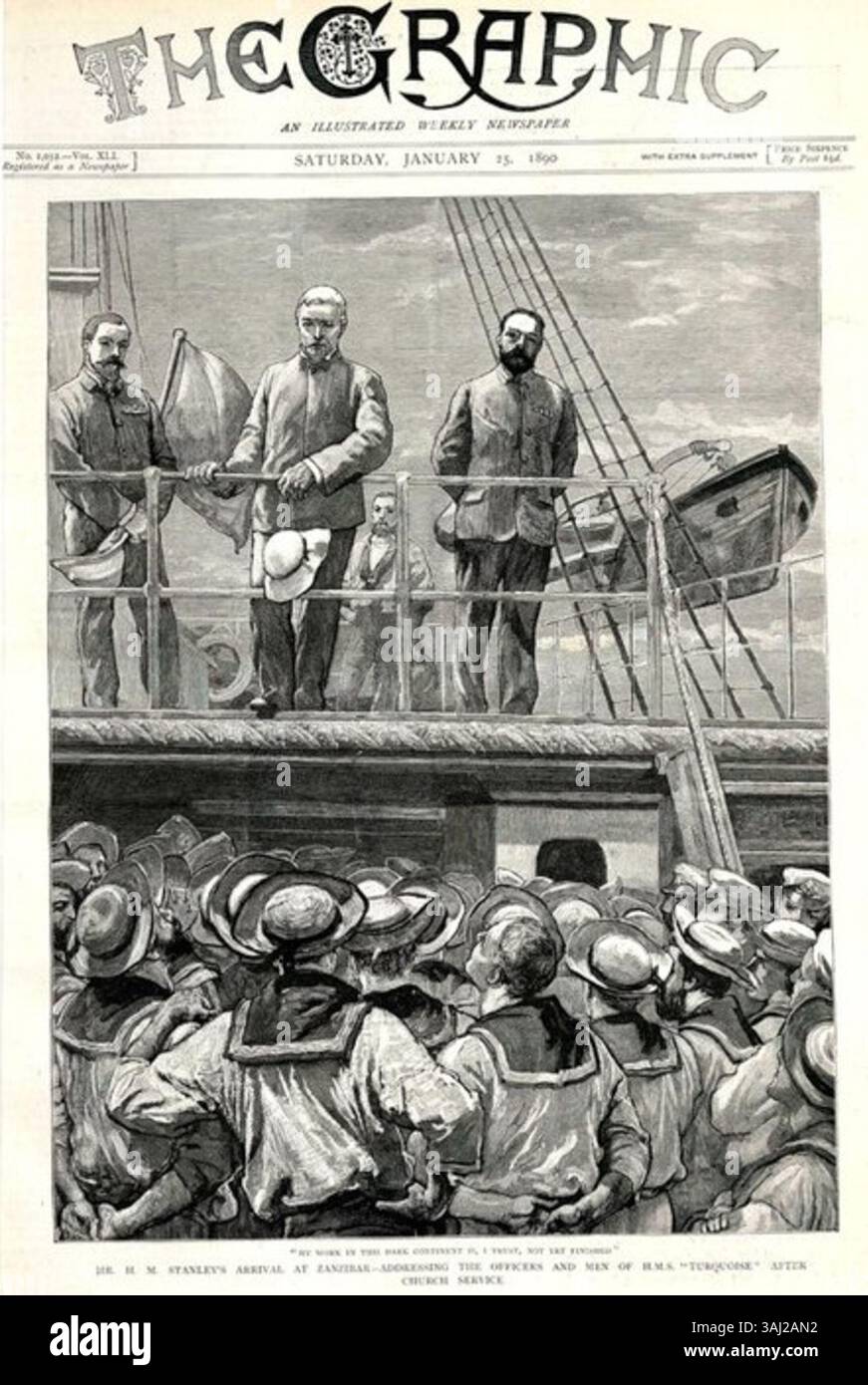 Cette illustration de 1890 du Graphic montre le célèbre explorateur Henry Morton Stanley arrivant à Zanzibar et s'adressant aux officiers et à l'équipage du HMS 'Turquoise' après un service religieux. Banque D'Images