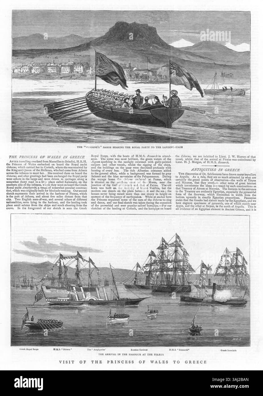 Cette illustration du graphique de 1877 représente la visite de la princesse de Galles en Grèce. La scène montre son arrivée dans le port du Pirée, avec des navires comme la barge royale grecque et des navires de la marine britannique présents. Banque D'Images