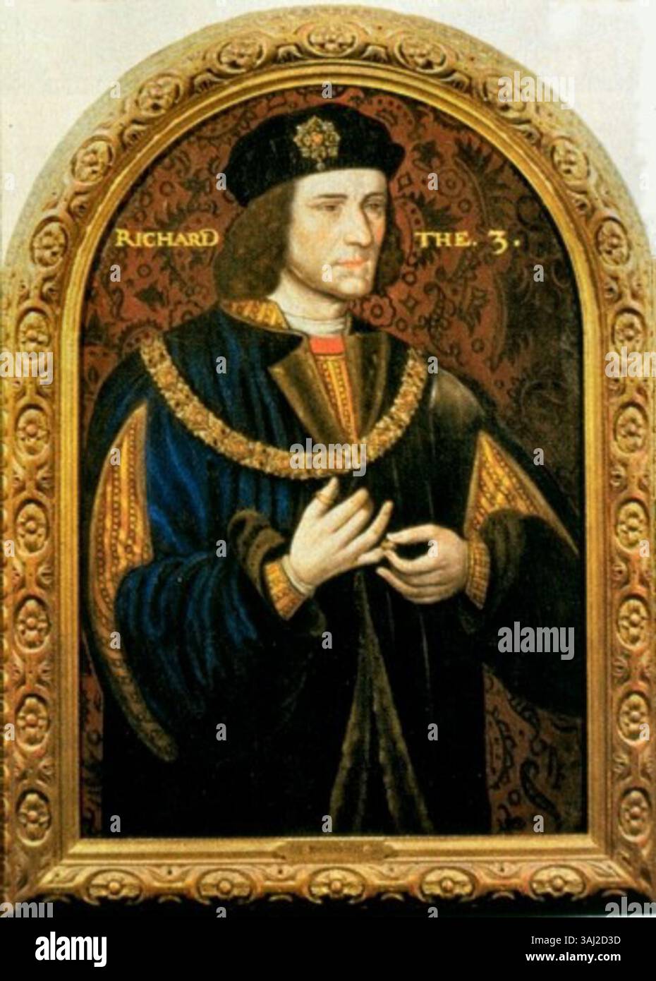 Ce portrait de Richard III des années 1590, attribué au maître Sheldon, faisait partie d'une collection plus vaste de portraits royaux et historiques commandés par Ralph Sheldon. La peinture est reconnaissable à son sommet arqué et à son cadre en médaillon. Banque D'Images