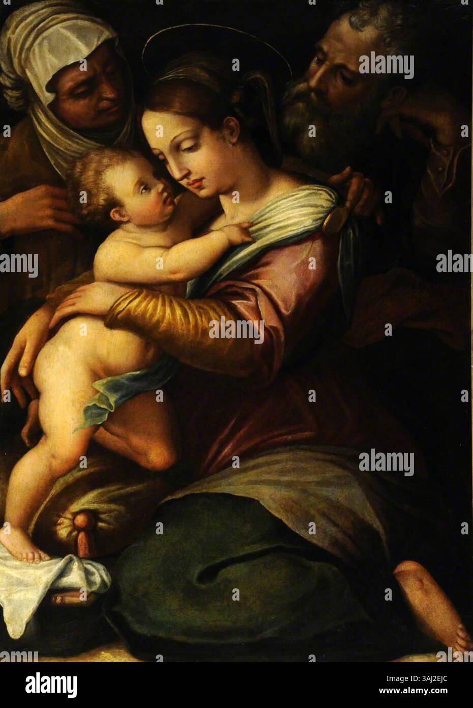 Cette peinture religieuse du XVIe siècle, attribuée à un disciple de Giorgio Vasari, représente la Sainte famille avec Sainte Anne, mettant en évidence des figures bibliques clés. Banque D'Images