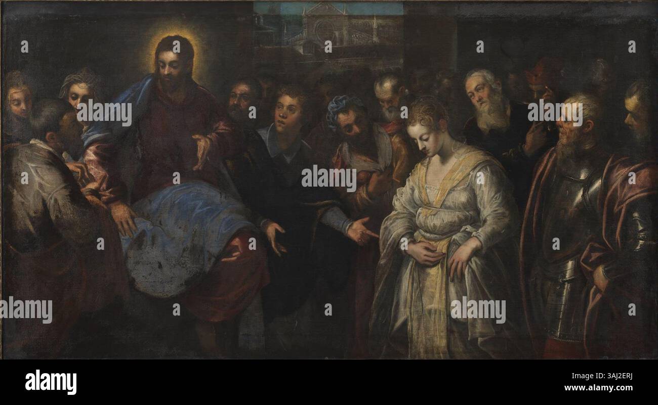 Le Christ et l'Adulteress de Domenico Tintoretto est une peinture à l'huile religieuse représentant la scène biblique de Jésus pardonnant à la femme prise en adultère. L’œuvre, créée avant 1635, illustre l’éclairage dramatique et l’intensité émotionnelle typiques des religieux baroques Banque D'Images