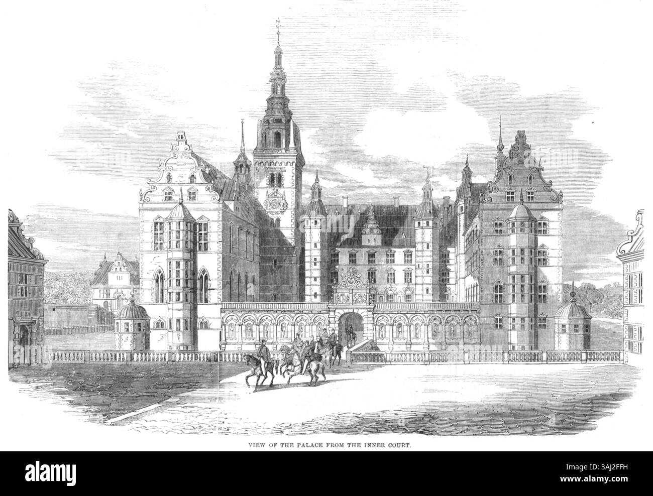 Cette illustration tirée de *The Illustrated London News* publiée le 14 janvier 1860 représente le Palais Royal de Fredericksborg au Danemark vu de la cour intérieure. Le palais a été détruit par un incendie le 17 décembre 1859, et l'estampe capture sa beauté architecturale avant la tragédie. Banque D'Images