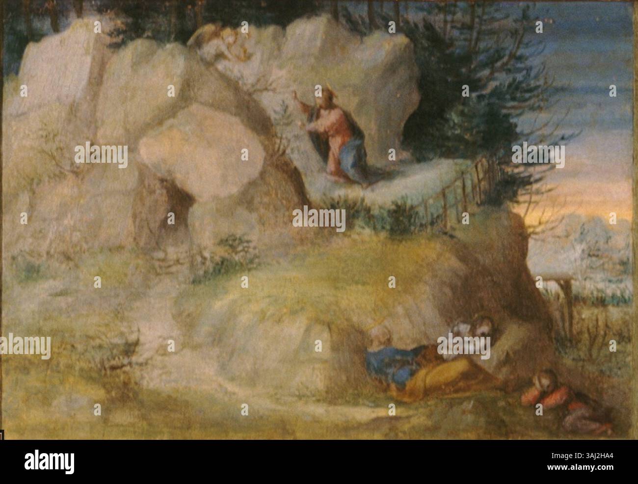 Détail de l'agonie dans le jardin de la dernière Cène, peint par Tommaso Lunetti vers 1540. Cette œuvre religieuse fait partie de la collection du Memphis Brooks Museum of Art. Banque D'Images
