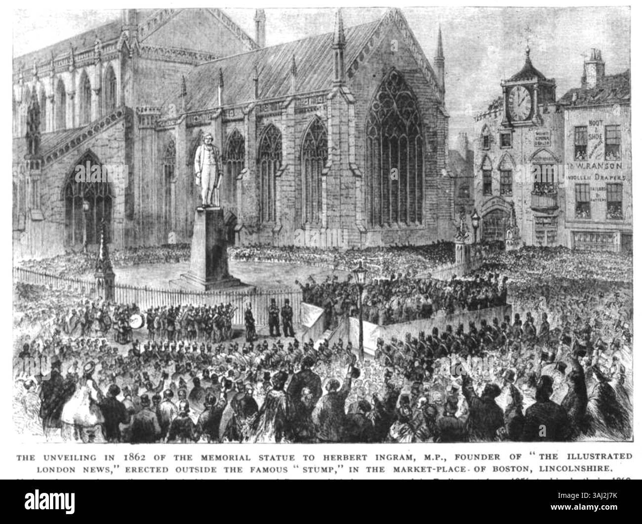 En 1862, la statue commémorative d'Herbert Ingram, fondateur de l'Illustrated London News, a été dévoilée à Boston, Lincolnshire, près de la célèbre souche sur la place du marché. Banque D'Images