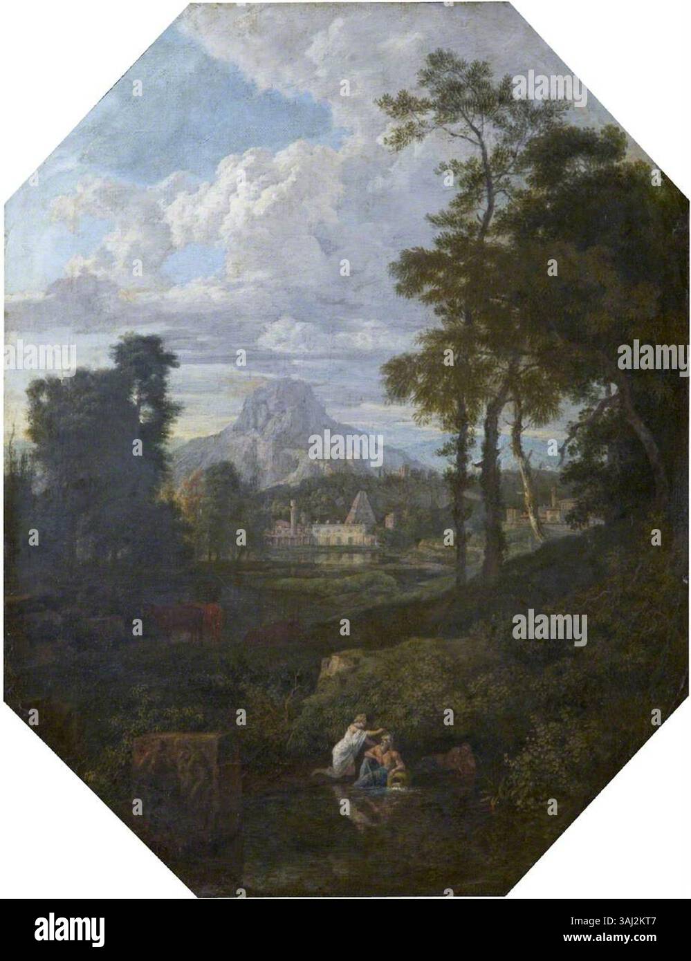 Peinture de paysage attribuée à Johannes Glauber, représentant une nymphe et un Dieu fluvial, créée entre 1710 et 1720. L'œuvre est conservée dans la collection du National Trust. Banque D'Images