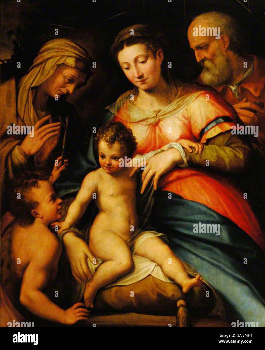 Attribué à Girolamo Siciolante, ce tableau religieux datant de 1550 montre la Sainte famille avec l'enfant Jean Baptiste et Sainte Élisabeth. Il illustre la Renaissance religieuse Banque D'Images